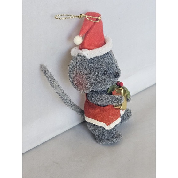 Vintage Sydney Morgan Flocked Ornament Mouse Santa Hat Present 4" - Picture 6 of 10